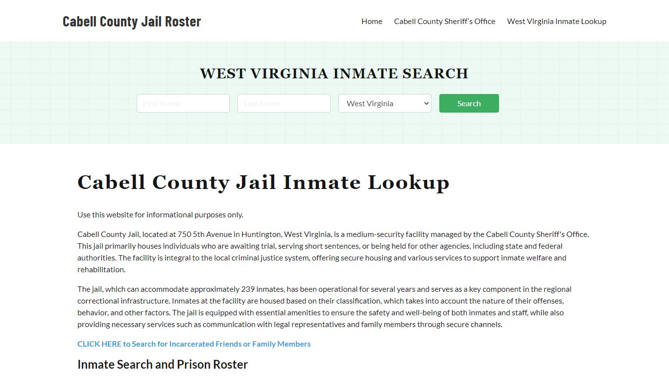 Cabell County Jail Roster Lookup, WV, Inmate Search